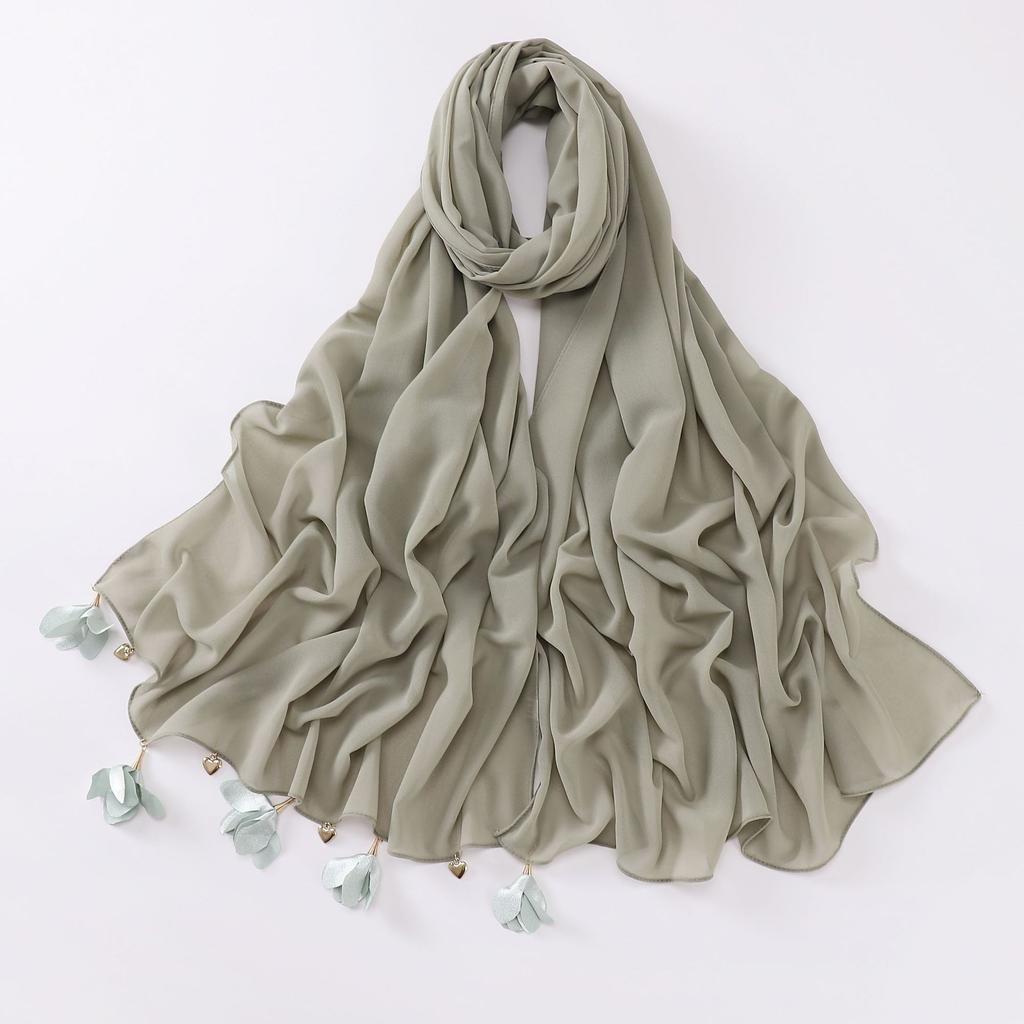 Handmade Alloy Love Flower Chiffon Hijab Beads Scarves Plain Shawls Women Sunscreen Headscarf Head Wrap Hijabs Ramadan Turban
