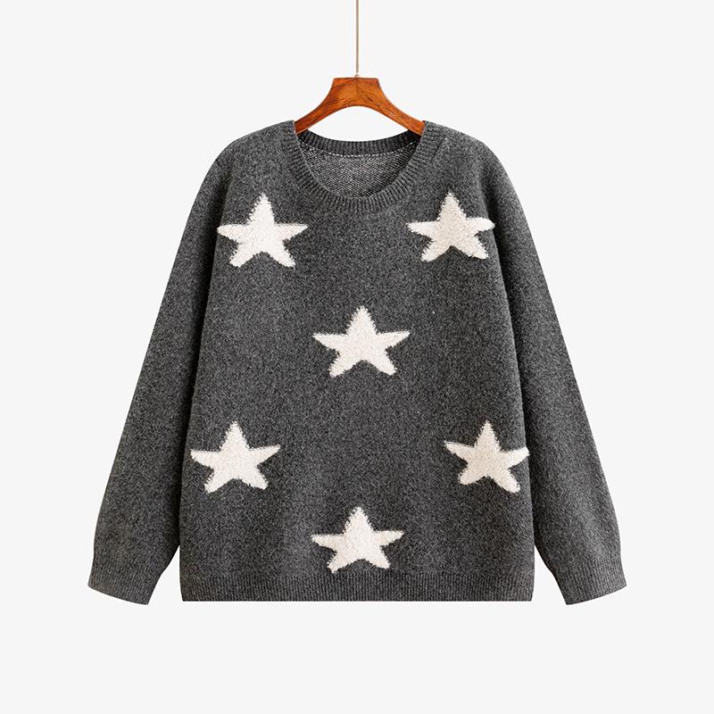 Plus Size Women's Star Embroidered Color Block Sweater - Winter 2025, Loose Knitwear for Chubby Girls