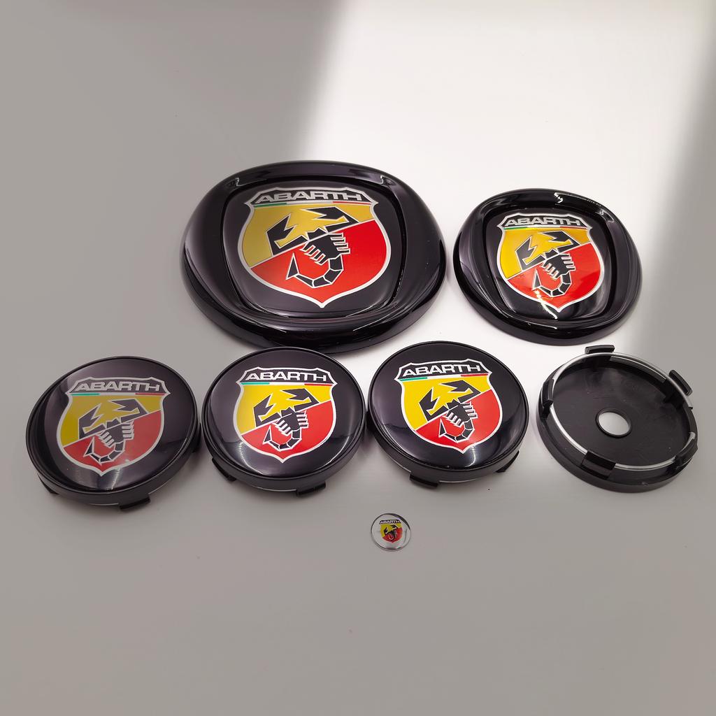 8pcs fiat Abarth Car Front grill front Rear Bumper tail door trunk Emblem 85/95/100/120mm Wheel Center Hub Cap Badge Rim Cover