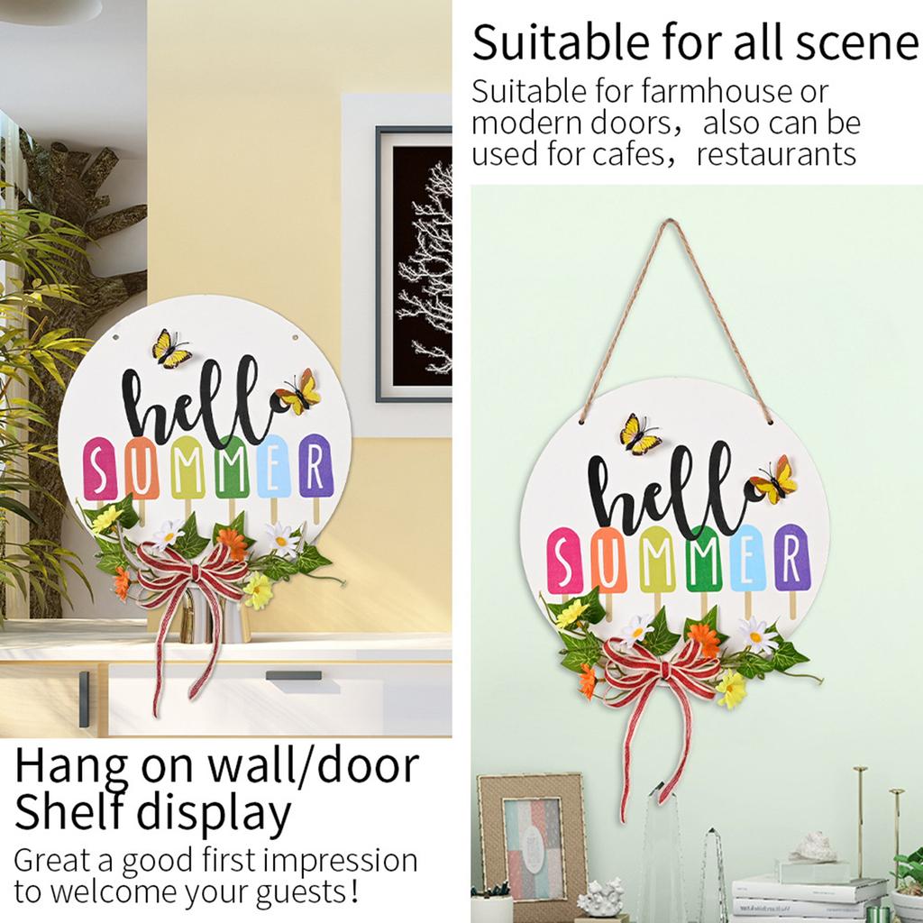 Hello Summer Wooden Door Sign with Bow Wreath 30cm Rustic Home Decor