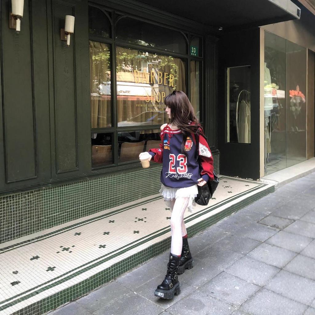 Women's Asymmetric Neck Long Sleeve Sweatshirt Loose Fit Casual Streetwear Color Block Pullover