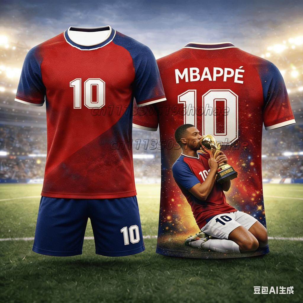 Summer Mbappé No.10 Football Jersey Color-Block Printed Adult/Kids Parent-Child Style Quick-Dry T-Shirt and Shorts Sports Set