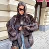 Womens Winter Faux Fur Coat Brown Casual Streetwear Jacket With Lapel Collar Hidden Snap