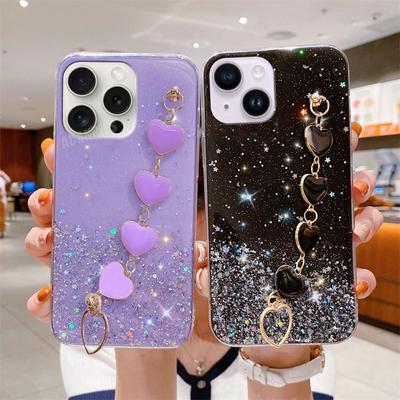 Love Heart Wrist Chain Glitter Case For Iphone 15 11 12 13 14 Pro Max Mini 7 8 Plus X Xr Xs 15pro 14plus Bracelet Silicone Cover