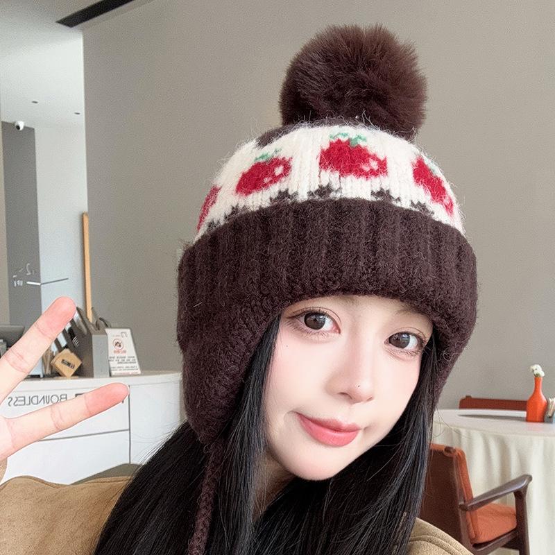 Autumn and Winter New Fair Isle Style Hat for Women Wool Ball Ear Protection Woolen Hat  Small Face  Warm Knitted Cold Hat  Trendy