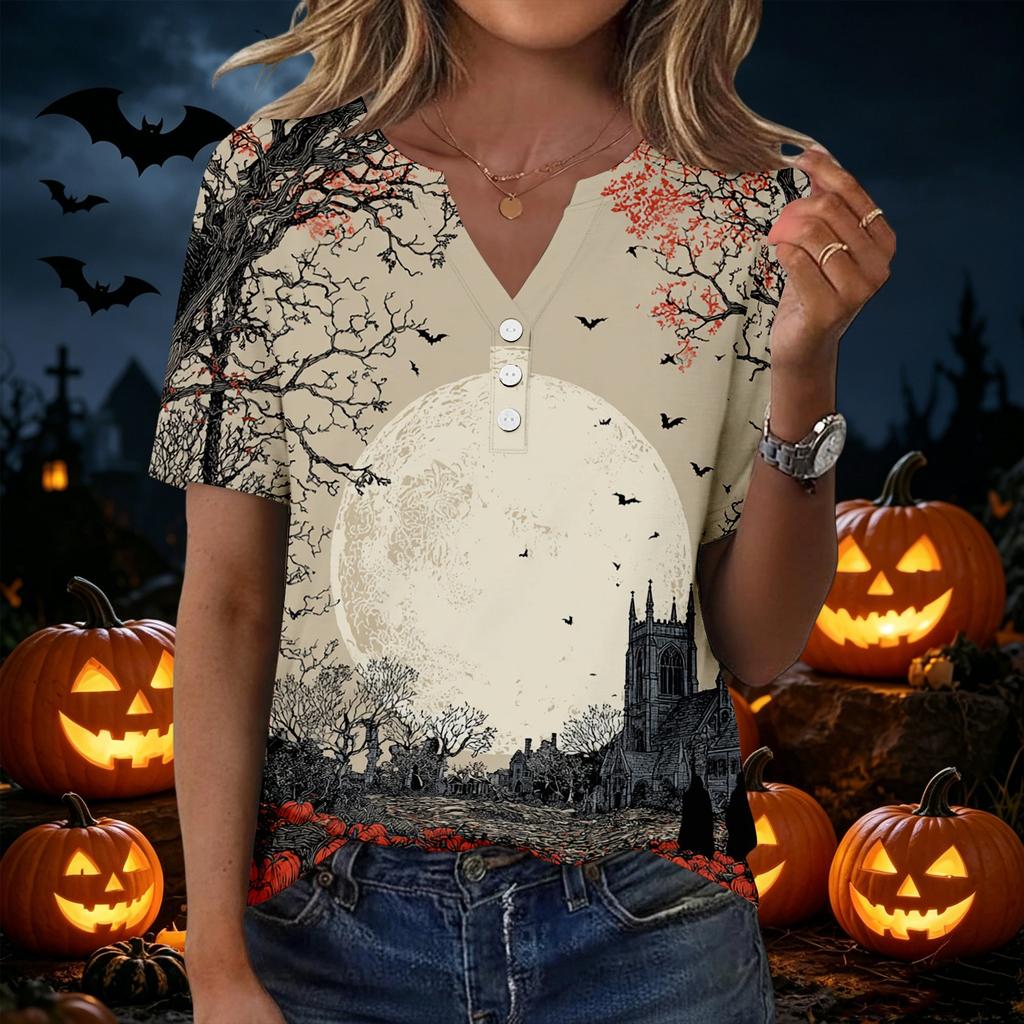 Womens Halloween Print V Neck Short Sleeve Button T Shirt Casual Loose Fit Top with Pumpkin and Bat Design Suitable for Daily Wear