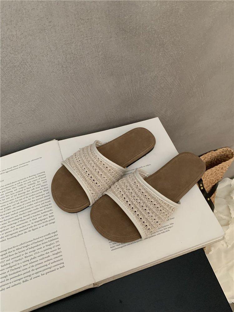 One Word Cool Slippers Women's Shoes 2025 Summer Korean Version Lazy Wind Woven Bohemian Vacation Cool Slippers Women's Shoes