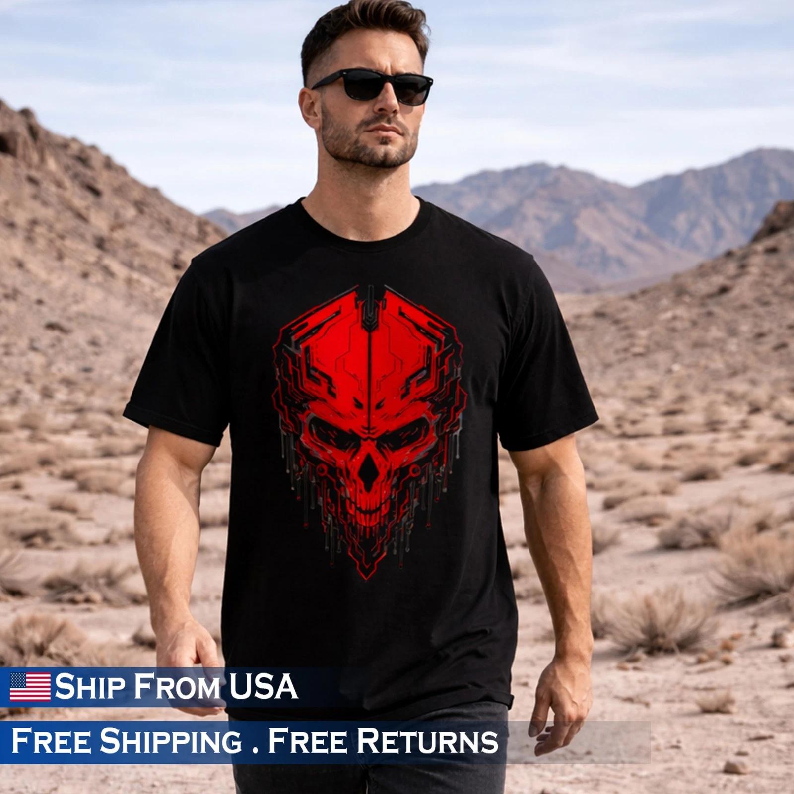 Cyberpunk Skull T-Shirt Men Techwear Streetwear Futuristic Graphic Tee Oversized S