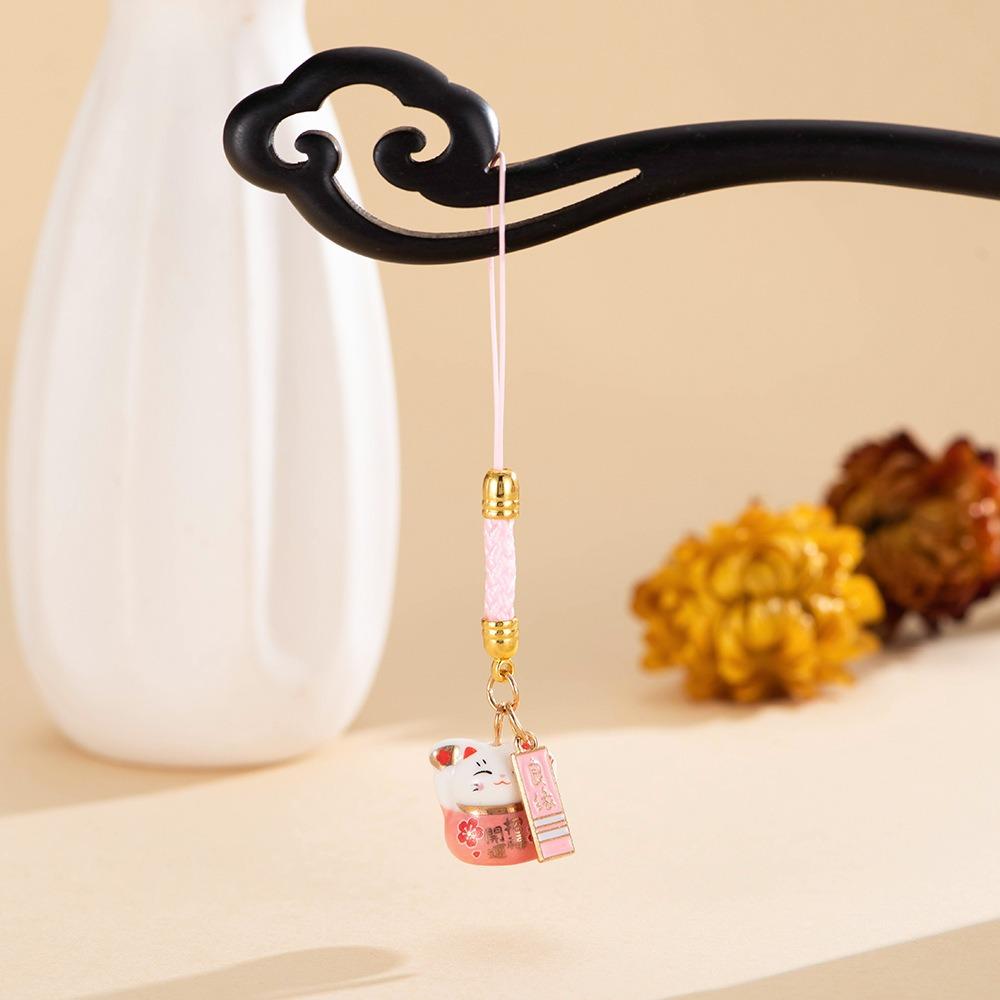 Metal Ceramic Lucky Cat Phone Charms Chinese Style Lucky Cat Pendant Creative Gift розовый
