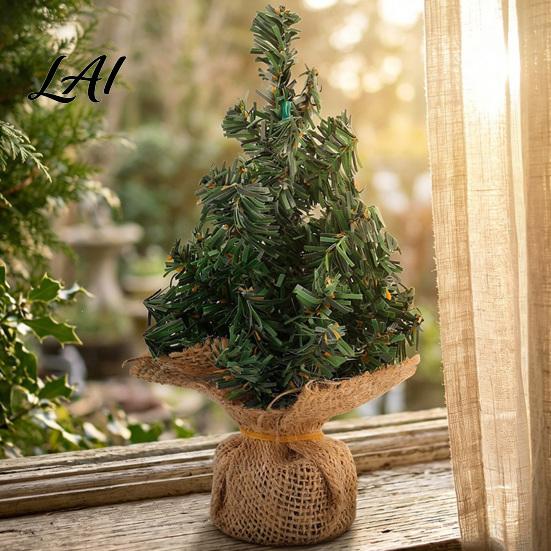 Rustic Christmas Decor Tabletop Mini Tree Artificial Miniature Pine Tree with Linen Base for Xmas Holiday Indoor Home Kitchen Desktop Decoration