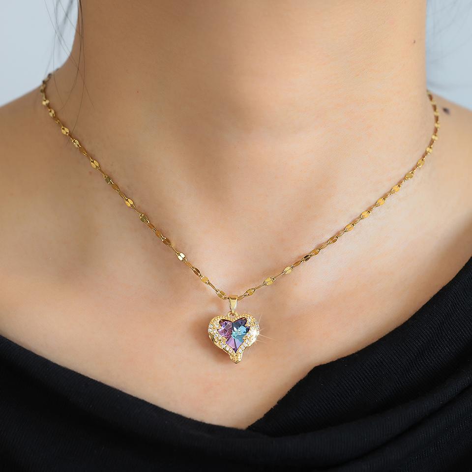 Trendy Heart OF Ocean Stainless Steel Cubic Zirconia Necklaces For Women Men Gold Color Metal Crystal Party Everyday Zircon