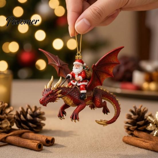 Prachtig kerstcadeau voor vrienden 2 stuks Kerstornamenten Santa Drakenrijder, 2D Acryl Vliegend Handgemaakt Feestelijke Hangende Ornamenten Claus Decoratie, Boom