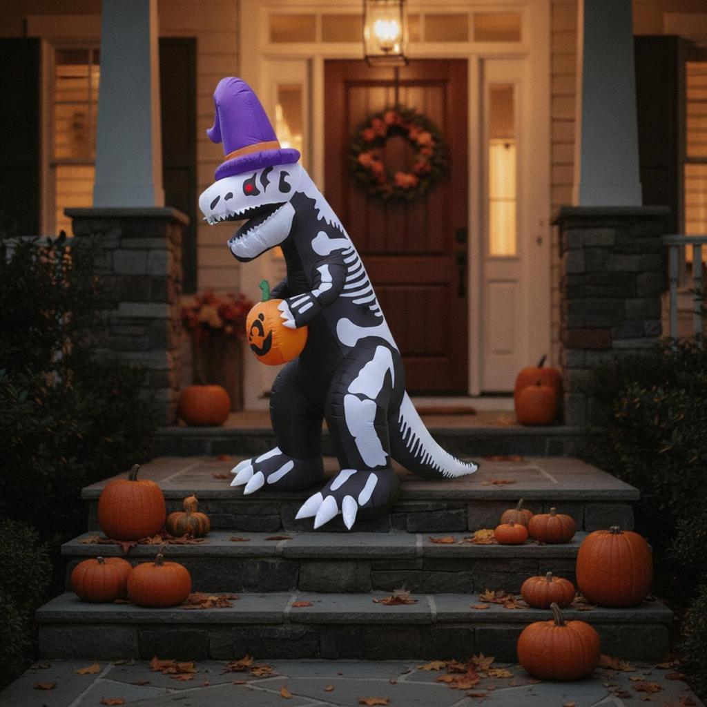 Inflatable Dinosaur with Pumpkin Builtin LED Lights Halloween Yard Decoration for Garden