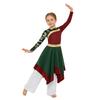 Girls Worship Dance Outfit Long Sleeve Printed Patchwork Irregular Hem Dress with Wide Leg Pants