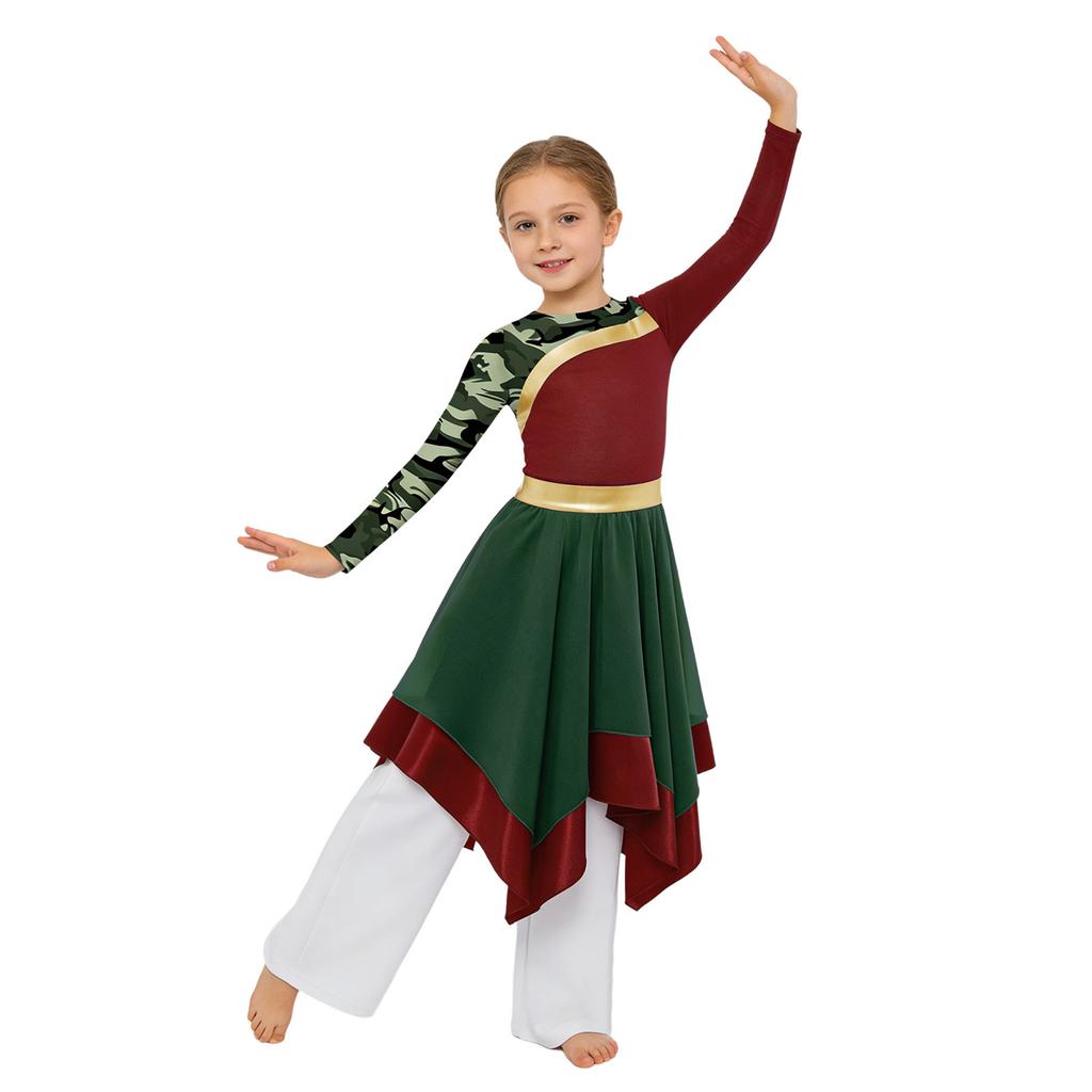 Girls Worship Dance Outfit Long Sleeve Printed Patchwork Irregular Hem Dress with Wide Leg Pants