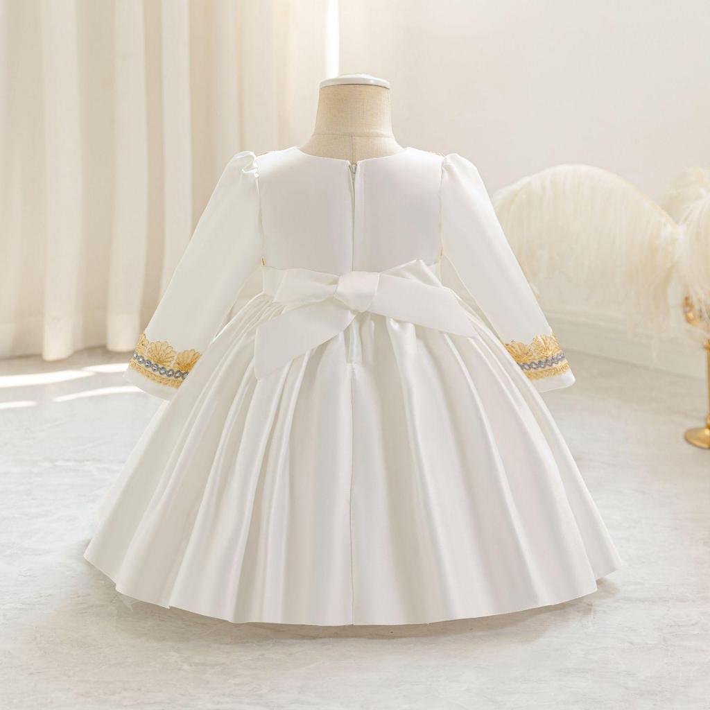 Girls' European & American Floral Princess Evening Dresses: Long Sleeve Banquet Performance Attire