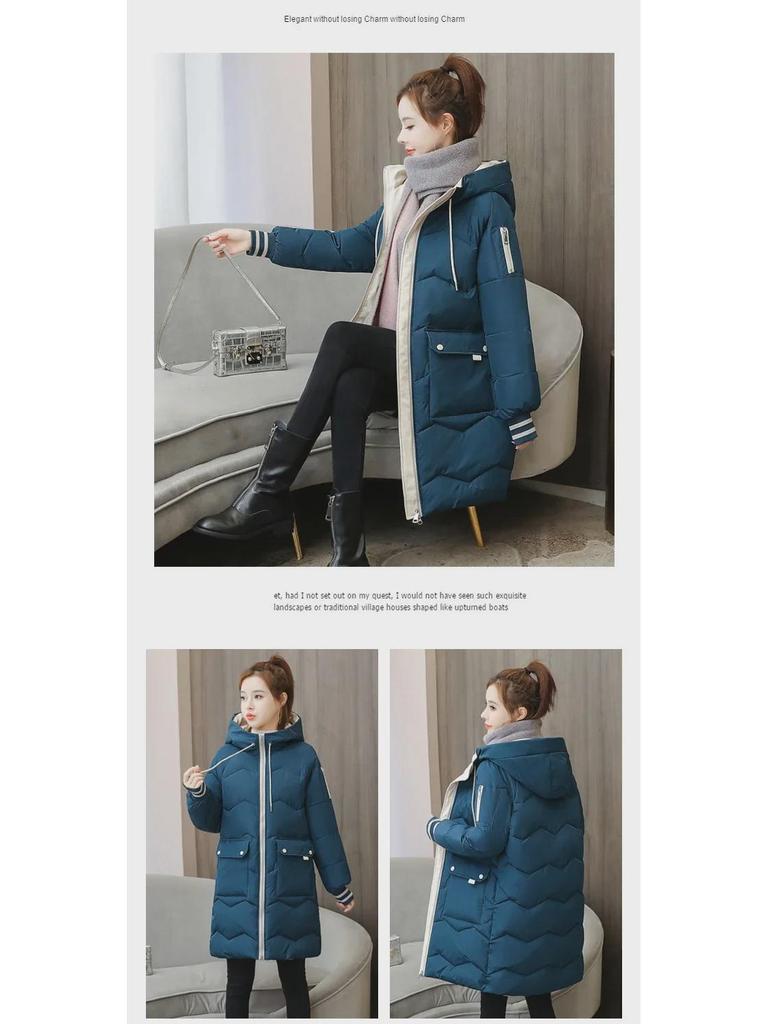 Dámská jednobarevná péřová bunda v korejském stylu - střední až dlouhá, zesílená, volný střih, stojáček, odolná proti chladu, velká velikost.