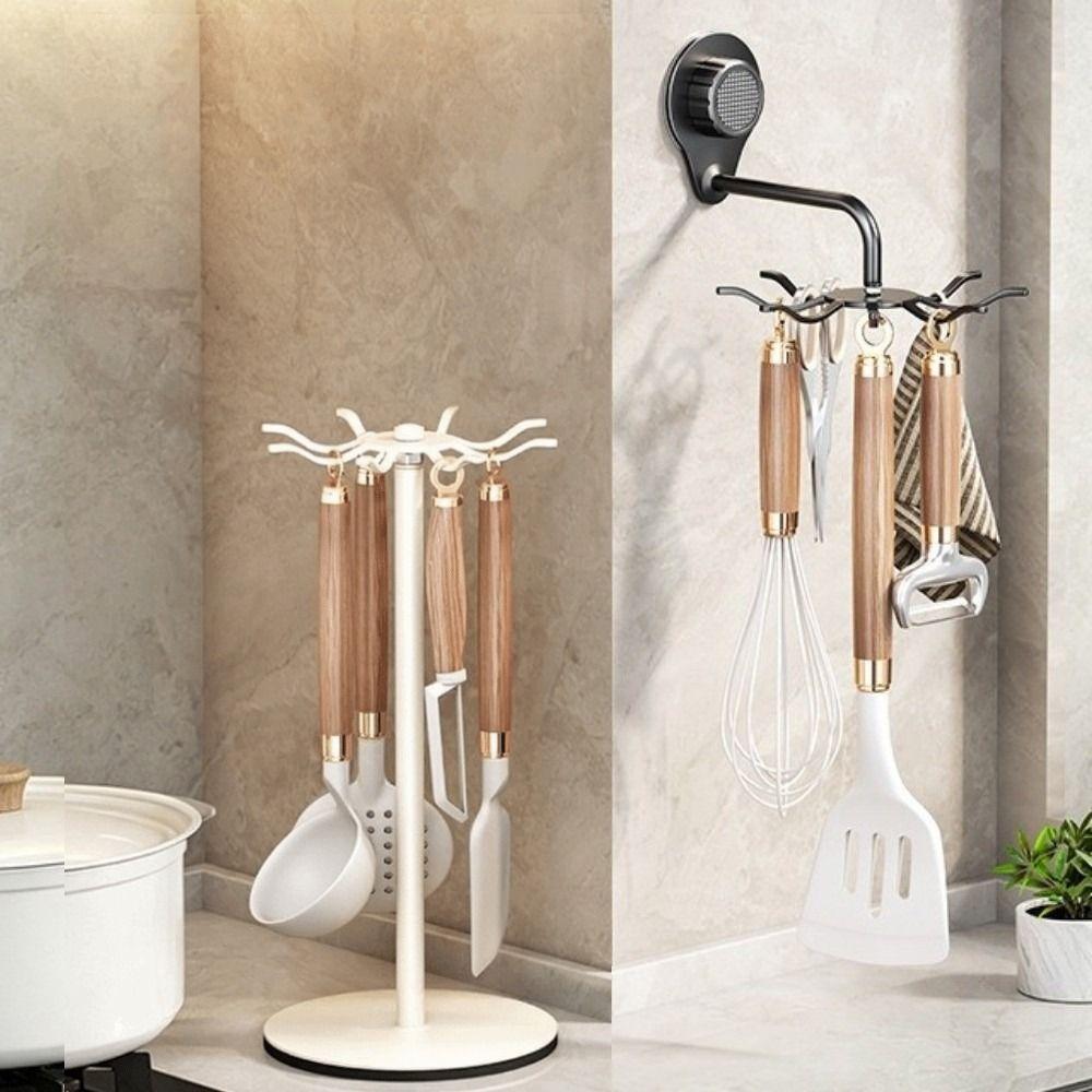 Carbon Steel Rotating Utensil Storage Rack 8 Hooks Spoon Hanging Rack  for Kitchen