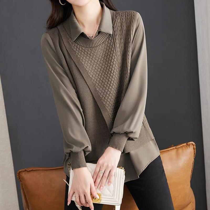 

Рубашка для женщин, свободная блузка из хлопка большого размера, имитация двух частей, повседневный свитер с длинным рукавом и отложным воротником, верхняя часть рубашки XXXL дубильная кора