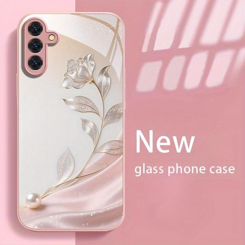 A flower metal paint glass phone case suitable for Samsung Galaxy S26 S25 S24 S22 S21 S20 FE/Ultra/Plus anti drop back cover