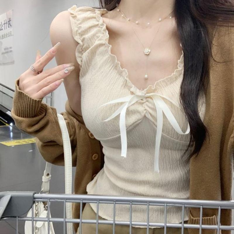 WTEMPO Brand Summer Ruffle Edge Short Sleeve Women's T-shirt Slim Short Paragraph Hundred with Inside Bow Ties Outside Tops