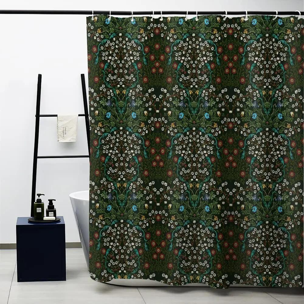 William Morris Shower Curtain,Green Shower Curtain Set For Bathroom Heavy Weight Fabric Decorative Bath Curtain Washable Curtain