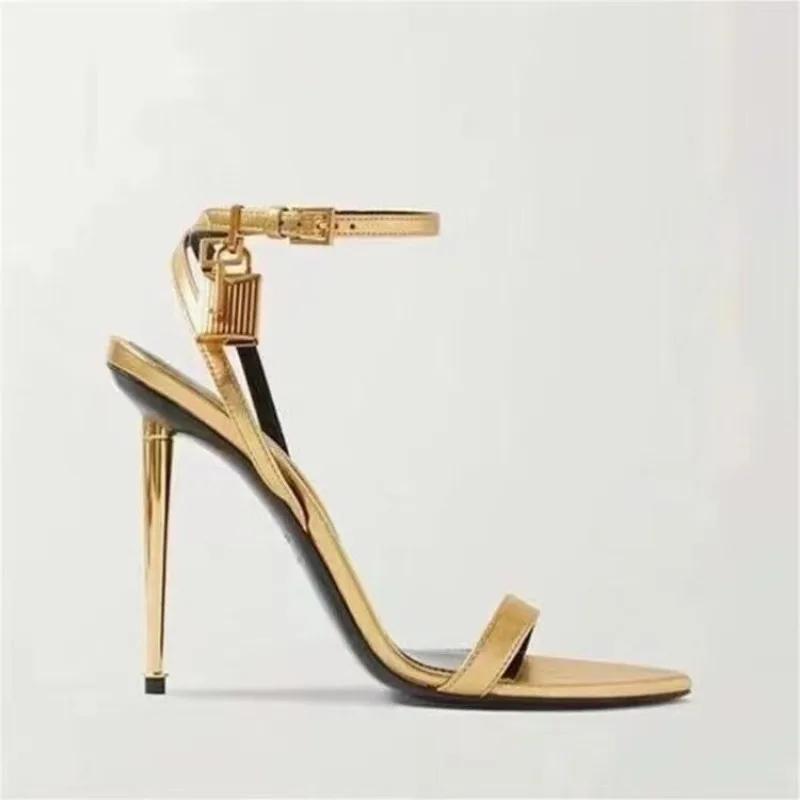 Fashion Summer New Concise 10cm High Heel Padlock Decorative Sandals European and American Fashionable Black Gold Women's Shoes 36-45