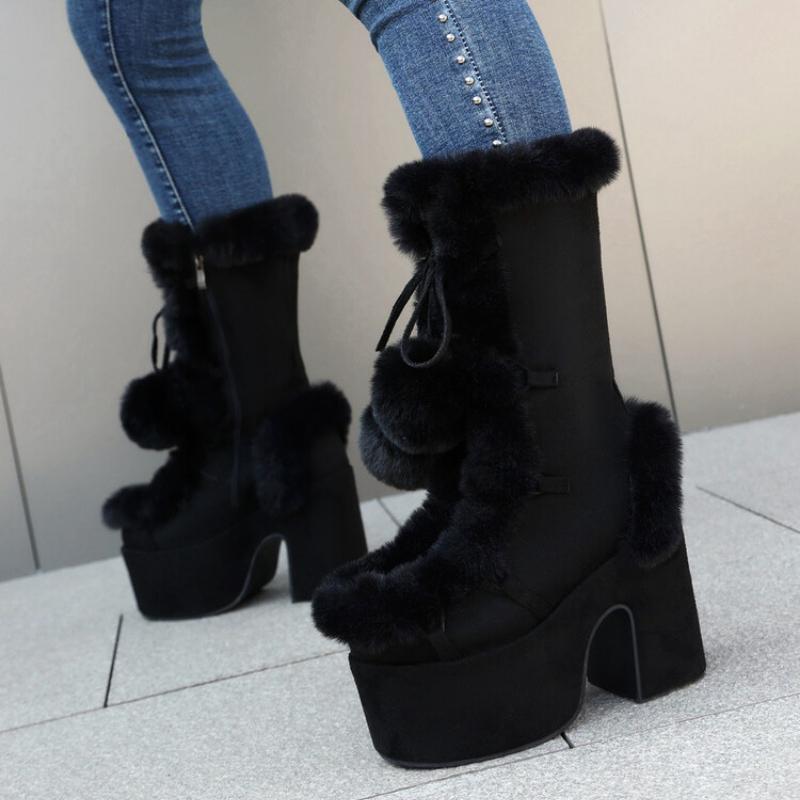 

2024 Новые зимние женские зимние сапоги на толстой подошве с высоким каблуком из искусственного меха, женские плюшевые теплые нескользящие сапоги до середины голени 35 чёрный