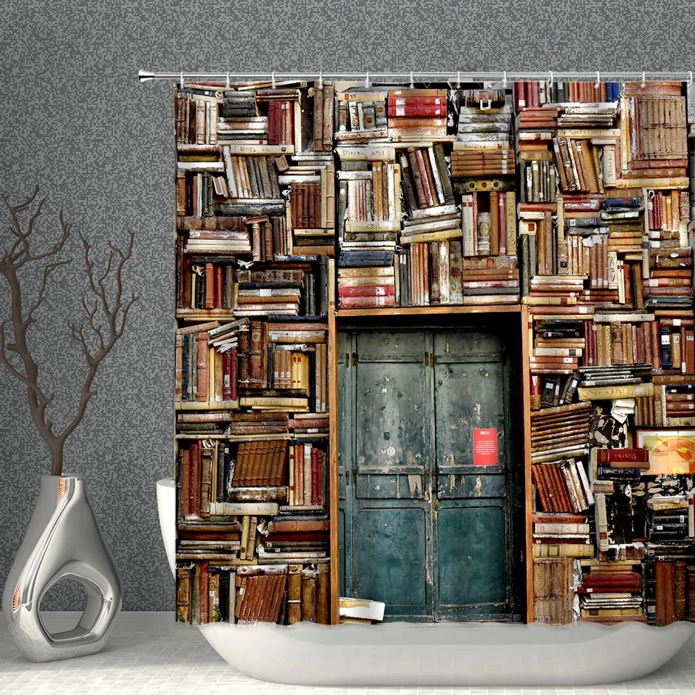 Old Fashioned Door Bookshelf Shower Curtain Creative Brick Wall Education Arched Door Pattern Bathroom Home Decor With Hooks