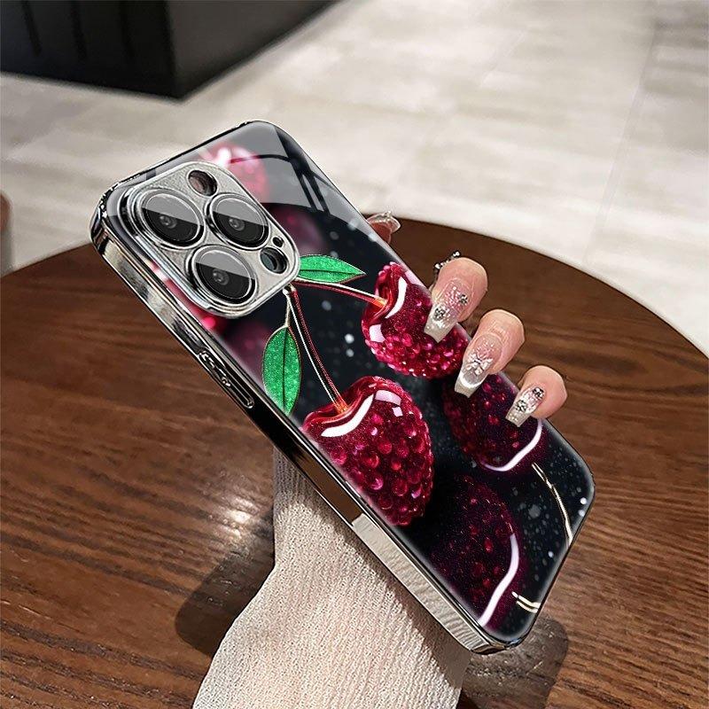 Cherry Pattern Tempered Glass Electroplated Silver Phone Case For iPhone 11 12 13 14 15 16 17 Pro Max Plus 16E 17 Air Cover