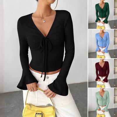 Women Tops V-neck Flared Long Sleeve Lace-up Pullover Tops Slim Fit Solid Color Casual Tops Versatile Daily Wear