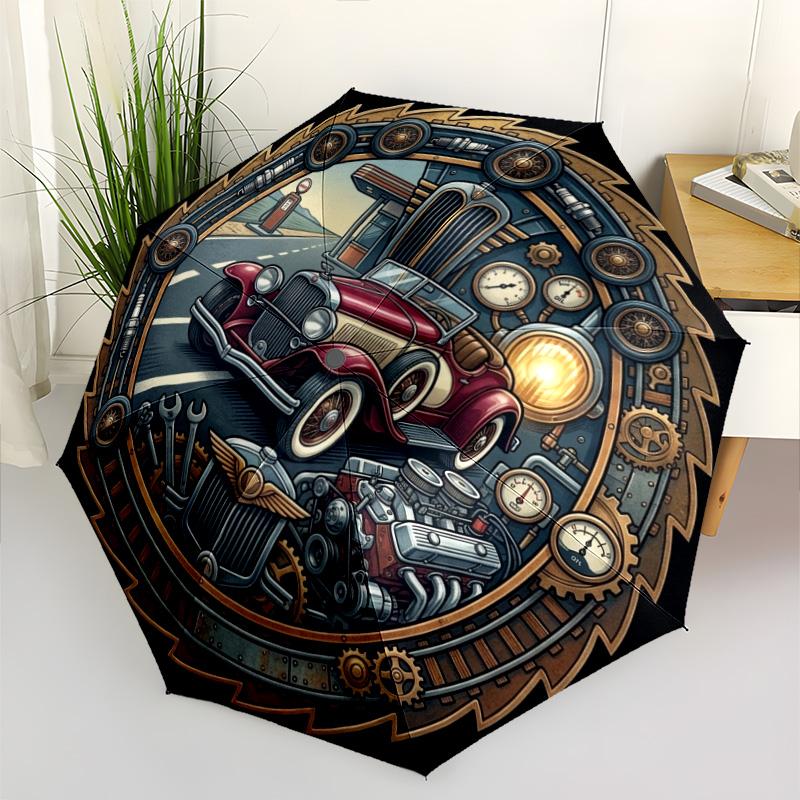 Steampunk Classic Road Trip Pattern Umbrella, Portable and Foldable Design, 8 Ribs, a Casual Accessory for Halloween, Christmas, and Birthday Gifts.