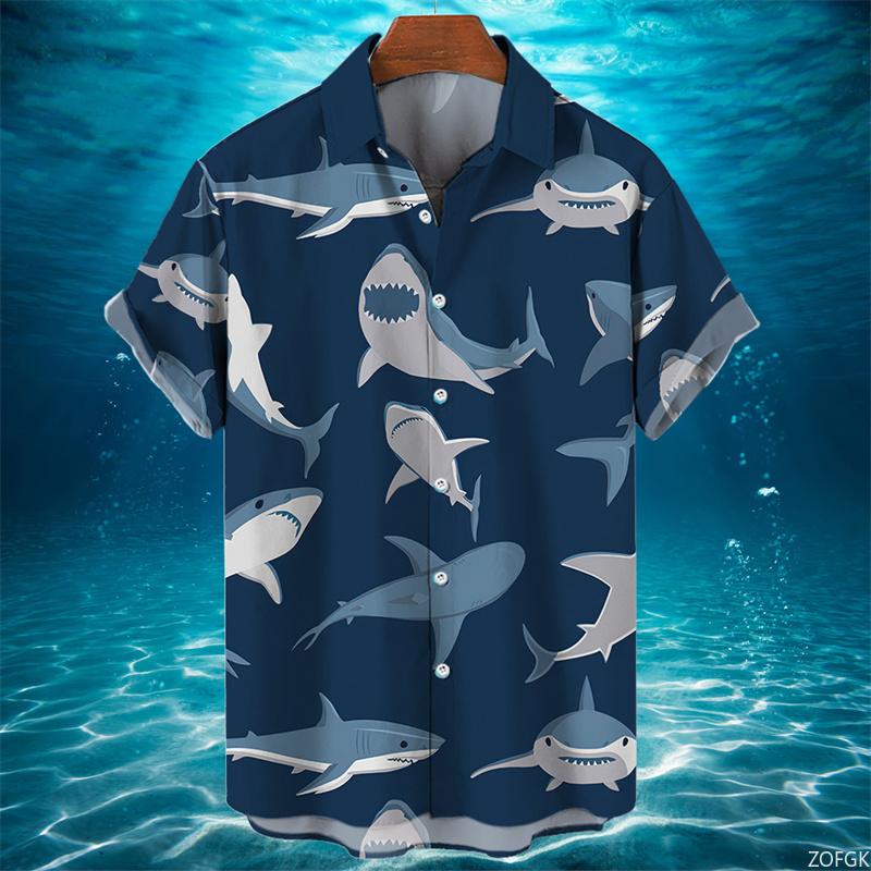Camicia Hawaiana Uomo Estate Casual Stampa Squalo Animale 3D Moda Manica Corta Mondo Marino Larga Blusa Street Abbigliamento