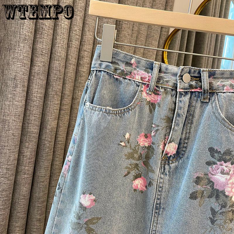 Frühling und Sommer Retro Vielseitiger Skinny Split Denim Print Halbkörperrock Weiblicher Chic Hohe Taille Mittellanger Paket Hüftrock