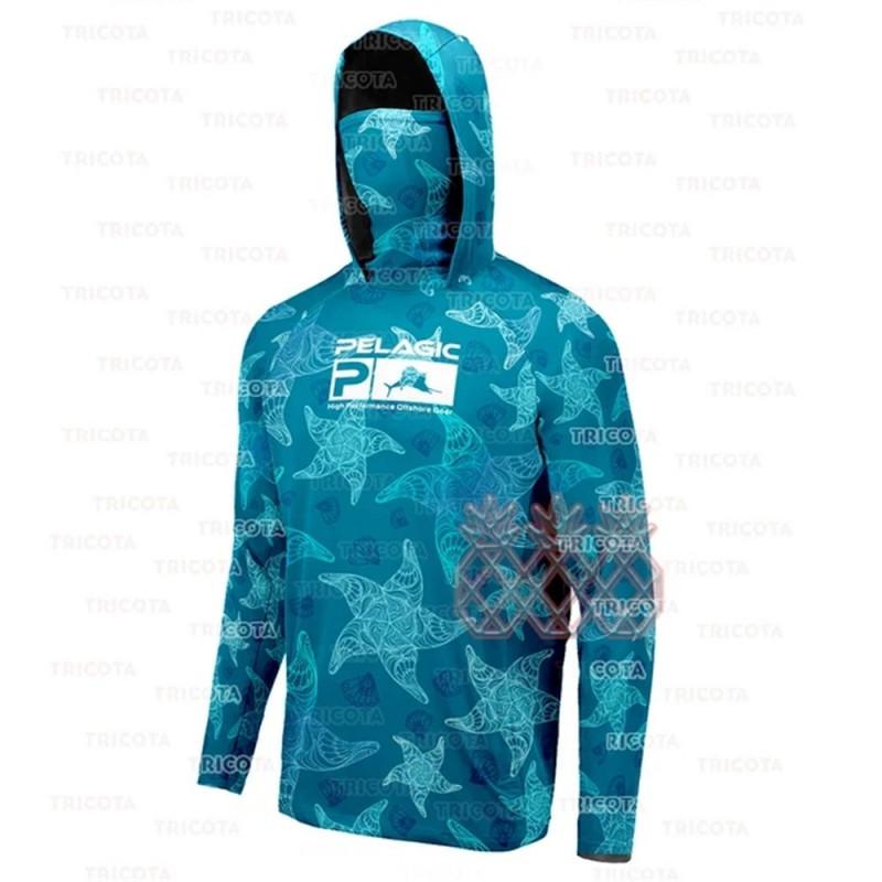 Mens Quick-Dry UV Protection Long Sleeve Fishing Hoodie With Face Cover Camo Pattern Outdoor Summer Activities
