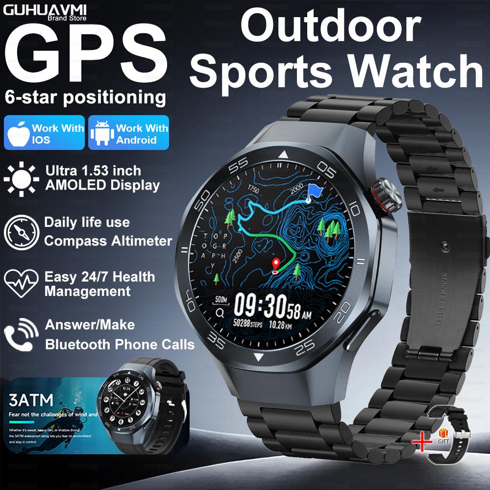 New GPS Position Smart Watch Men 1.53'' AMOLED HD Screen Compass Heart Rate 3ATM Waterproof Call Sports Business Smart Watch