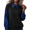 Women's Fashion Color Block Collared Long Sleeve Casual Loose Fit Patchwork Denim Sweatshirt Top