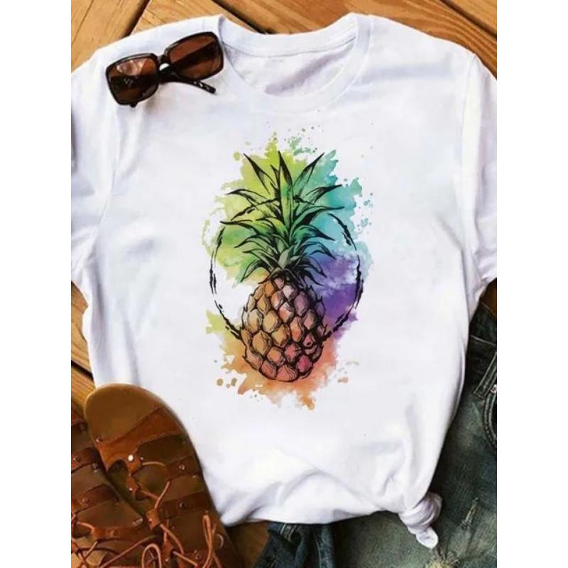 Maycaur Tricou noi pentru femei, Topuri imprimate cu ananas, tricou pentru femei, cu mânecă scurtă, cu decolteu O, tricou pentru femei, cămăși drăguțe de vară