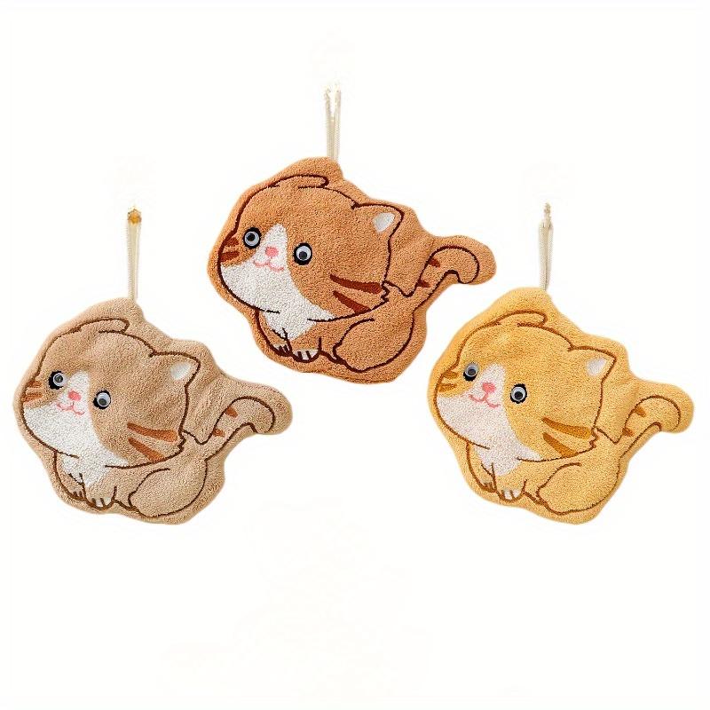 

3 шт. Милые кошачьи коралловые флисовые полотенца для рук Мягкие, впитывающие, быстросохнущие с петлями для подвешивания для кухни, ванной комнаты, спальни, коричнево-оранжевый полосатый дизайн 23*21cm