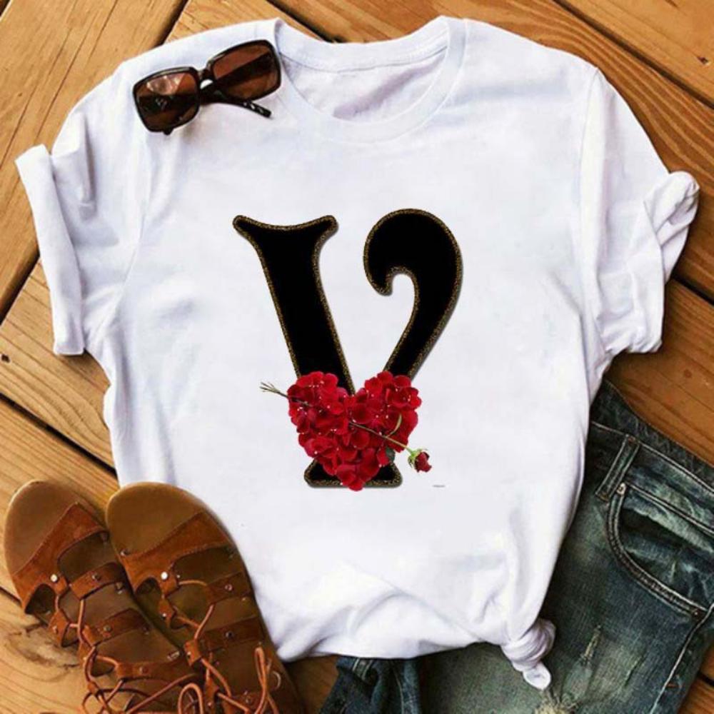 Rose ABC Alphabet Graphic Print White Tee Women Casual Loose Oversize Shirt Top Daily Wear Durable Plus Size Short Sleeve