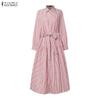 ZANZEA Women Casual Turn Down Collar Long Sleeve Loose Stripe Dress