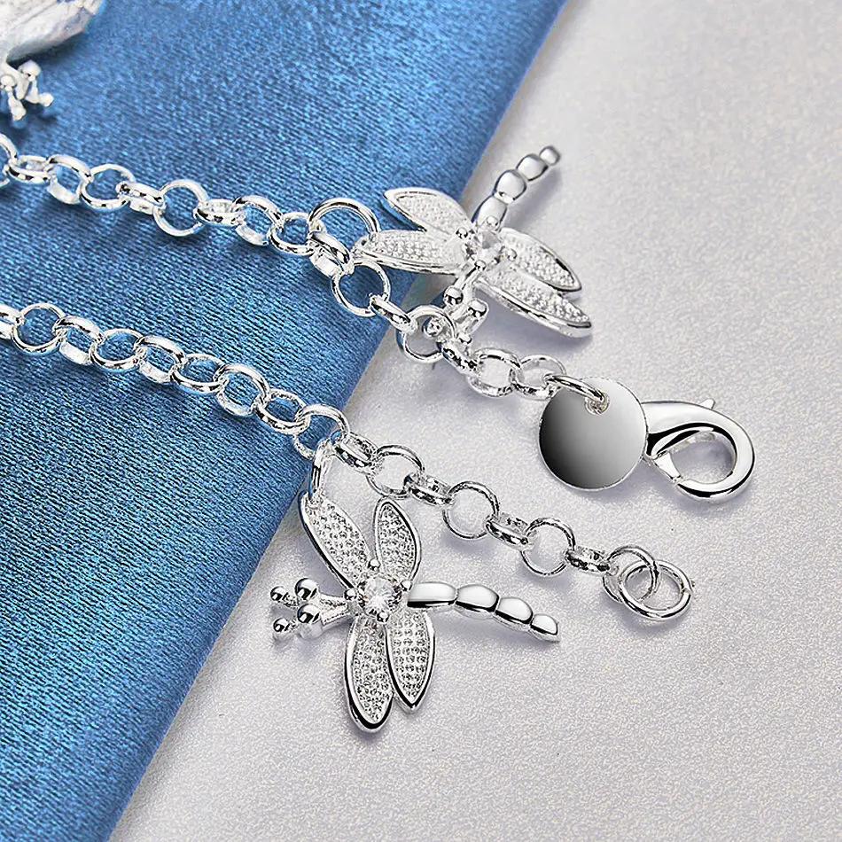 Sterling Silver Bracelet Crystal Zircon Dragonflies Charms Bracelets for Women Fashion Wedding Party Jewelry Gifts