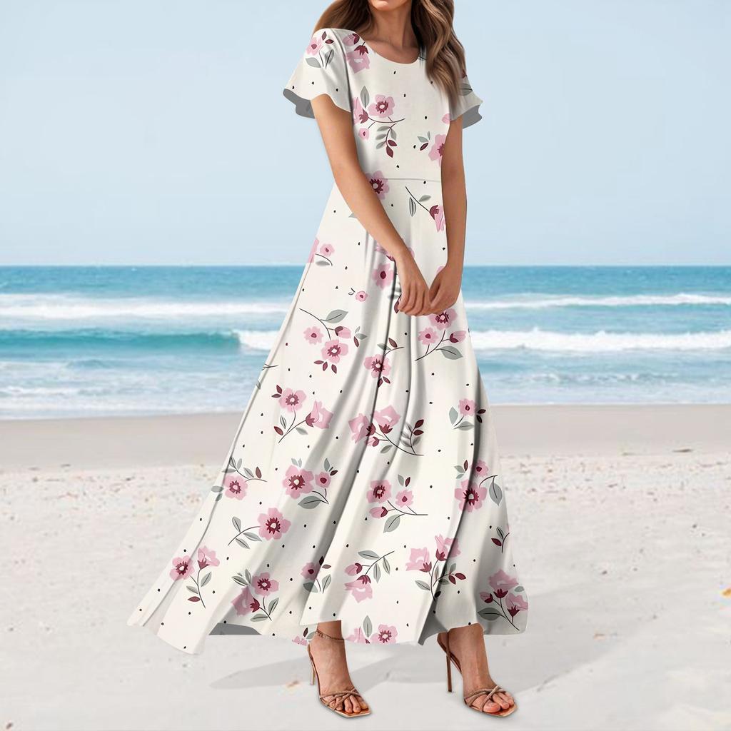 Damenkleid mit Hawaii-Print, lässig, Rundhalsausschnitt, kurzärmelig, hohe Taille