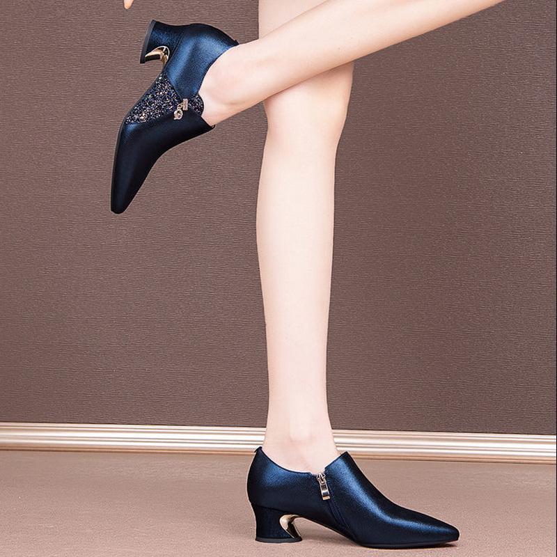 Mode FHC Neue Damen Hohe Absätze,Schafsleder HochzeitsSchuhe,Mode Blockabsatz,Spitze Zehenpartie,Britischer Stil,BLAU,ROT,Dropshipping