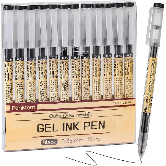 Quick Dry Black Gel Roller Pens, Japanese Style, 0.35mm Extra Fine Point, Precise and smooth writing, 12-Count Pack