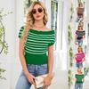 Spring and Summer New Off-the-shoulder Knitted Sweater Short-sleeved Button-decorated Striped Knitted Top Multi-color