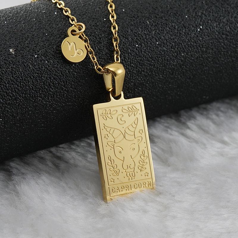 18K Gold Stainless Steel Zodiac Pendant Necklace - Square Constellation Design for Women
