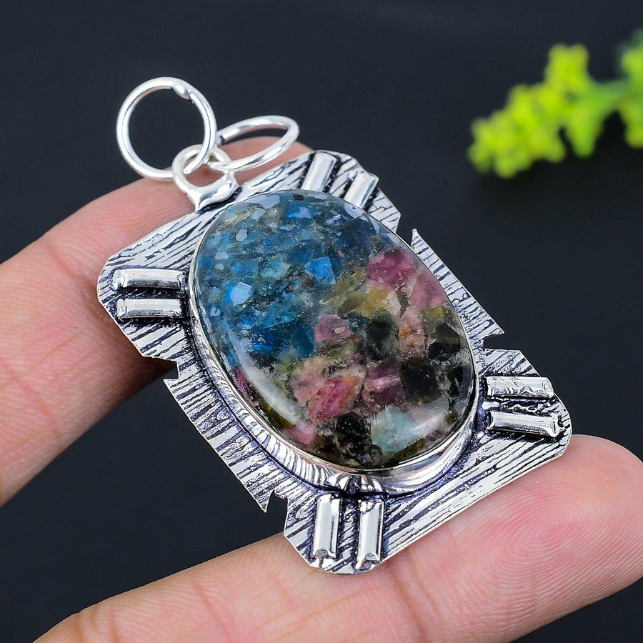 Natural Watermelon Tourmaline Gemstone 925 Sterling Silver Pendant 2.36" t7V42