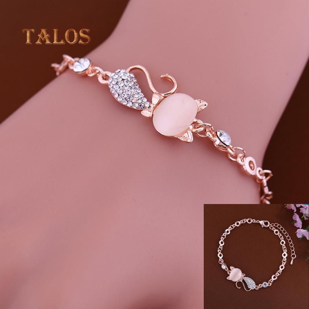 Lovely Cat Pendant Women Ladies Opal Crystal Stone Bangle Bracelet Chain Charm Jewelry