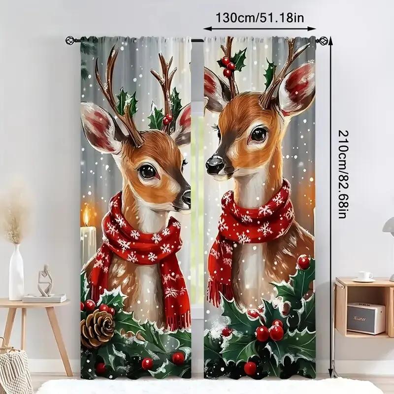 Christmas Reindeer Print Curtains   Pole Bag Curtains   Bedroom and Living Room Decoration   Home Decoration   Christmas Decoration